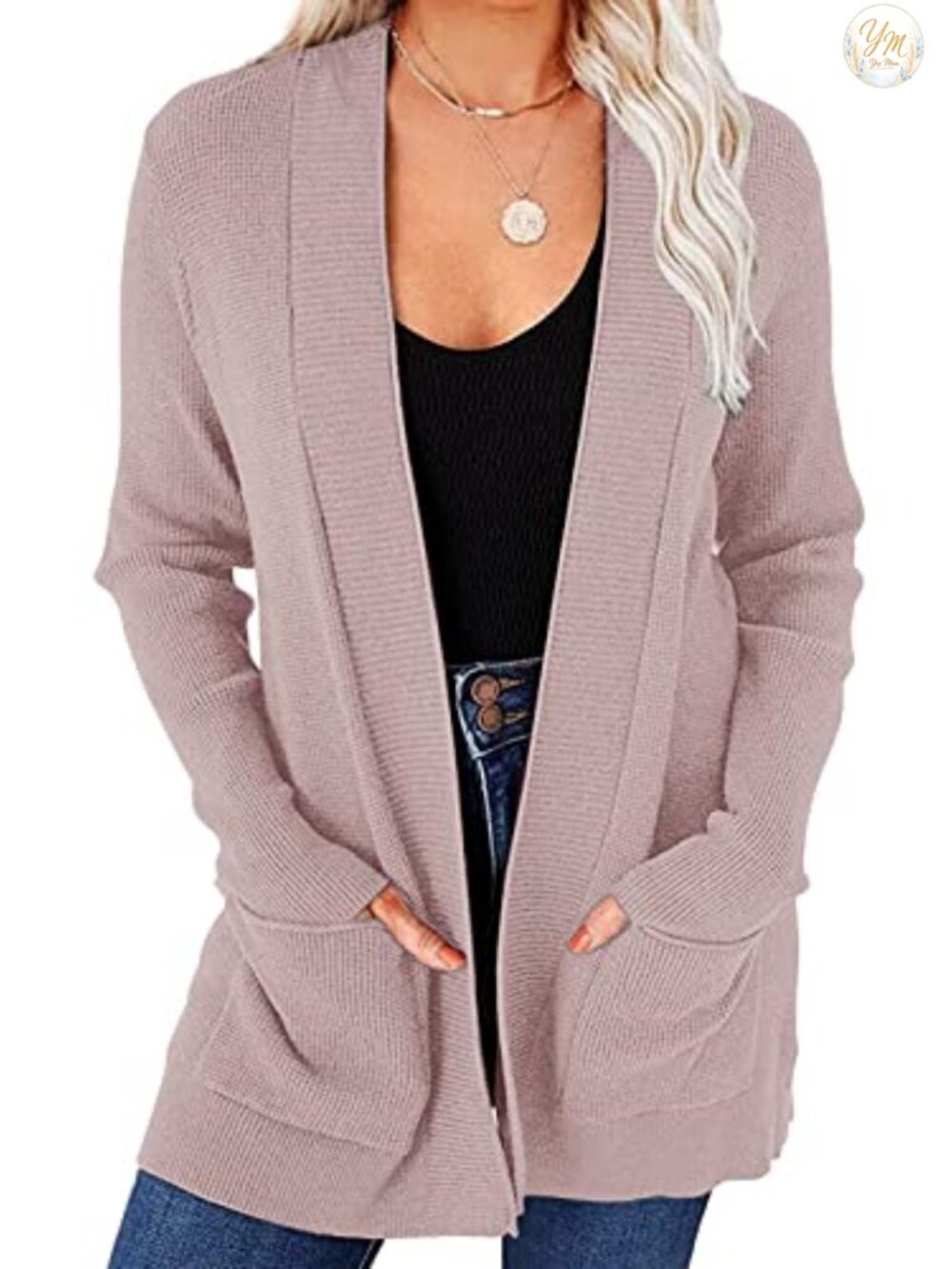 Open Front Cardigan Sweater Long Sleeve Ribbed Trim Pockets